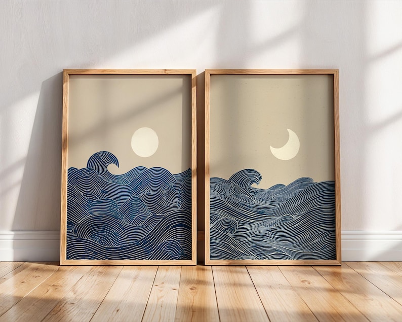 Home Office Japandi - 2pcs Japandi 미니멀리스트 달 초승달 캔버스