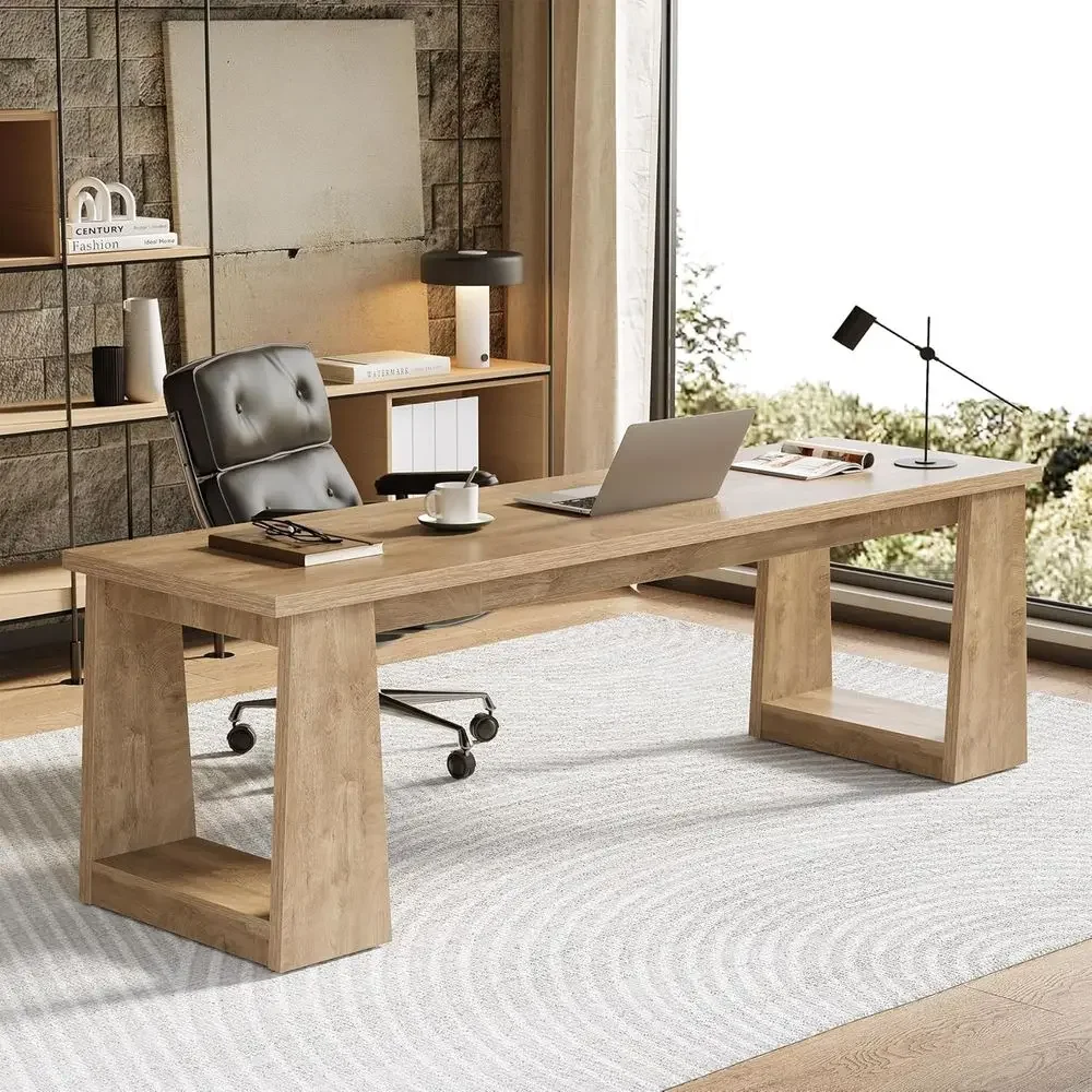 Home Office With Two Desks - 소박한 갈색 2인용 홈 오피스 책상,